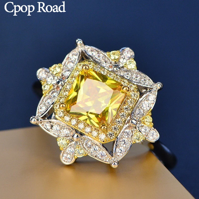 Cpop винтажное квадратное желтое Хрустальное свадебное кольцо с цирконием и