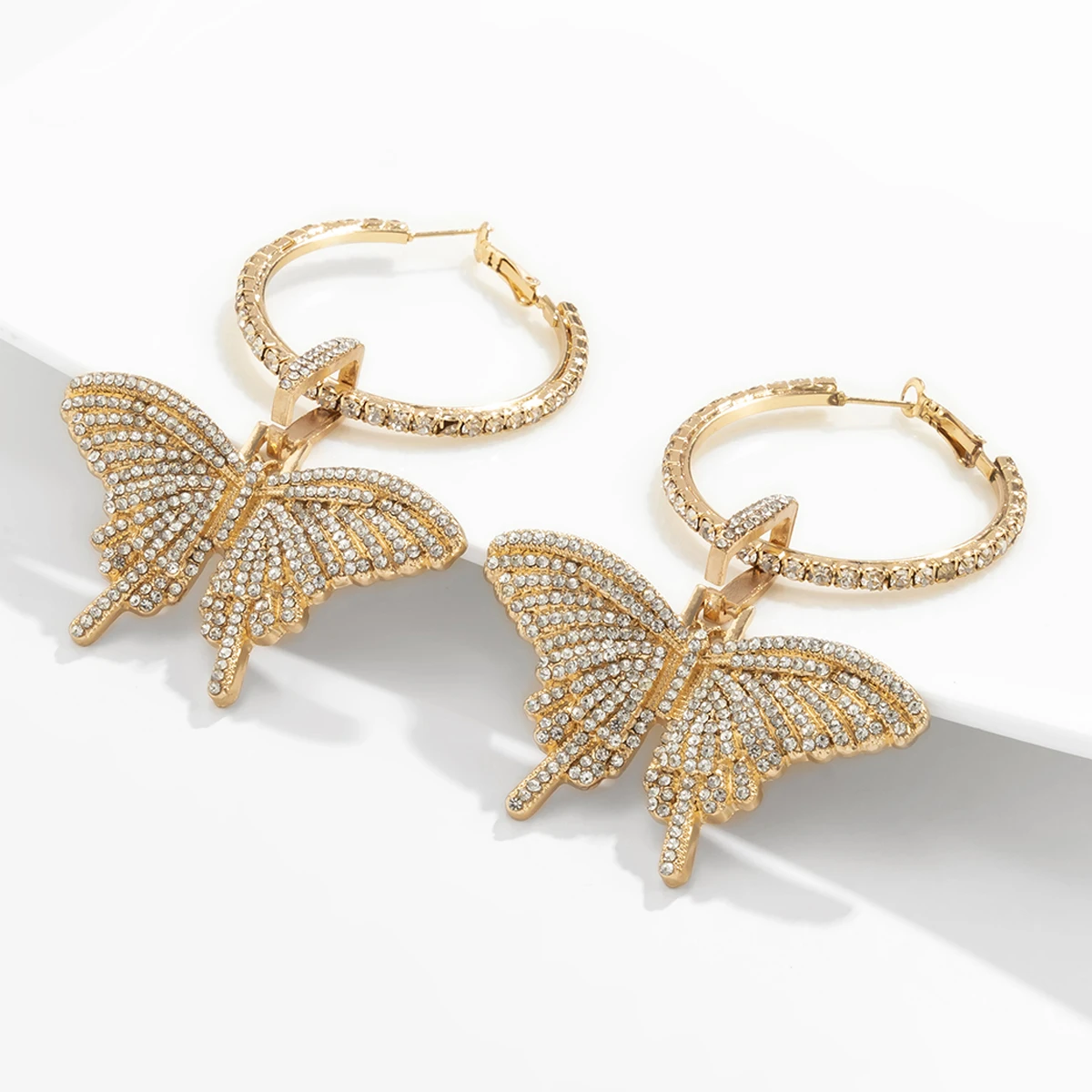 

KunJoe Vintage Fashion Crytal Rhinestone Big Butterfly Earrings for Women Charm Luxury Shiny Hoop Earrings Wedding Party Jewelry