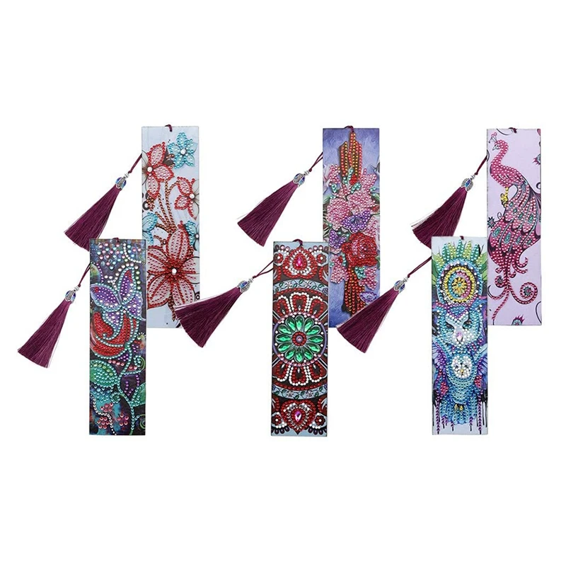 

6Pcs Diamond Painting Bookmarks Handmade Beaded Bookmarks with Tassel Flowers 5D Rhinestone Bookmarks DIY Art Craft Set