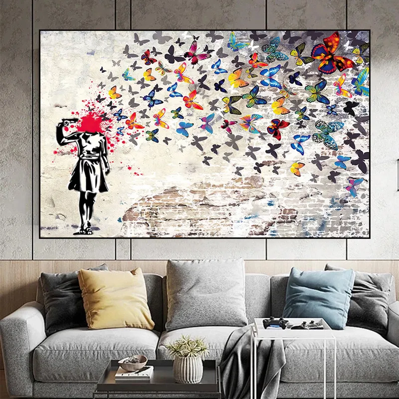 

Banksy Graffiti Artwork Character and Animals Canvas Paintings Wall Picture Girl with Butterfly Posters Prints Room Decoration