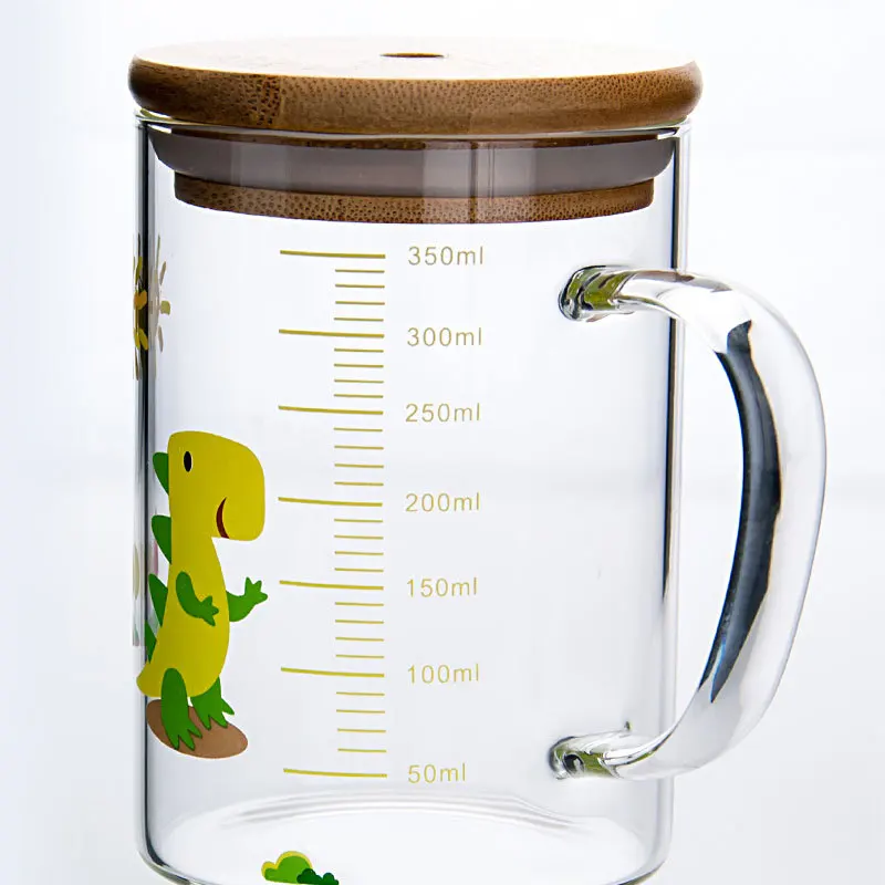 350ml Cartoon Straw Mug Glass Scale Cup Children's Milk Breakfast Mugs with Handle Lid Cute dinosaur cold drink glass - купить по