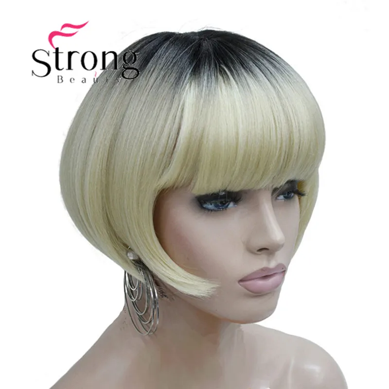 StrongBeauty Аккуратные взрыва короткий Боб Стиль парик блонд Омбре и темный корень синтетический натуральный полный парики