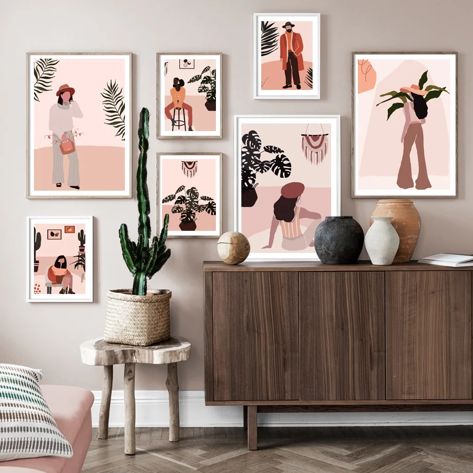 

Fashion Girls Poster Handsome Man Painting Abstract Leaf Plant Canvas Prints Retro Wall Pictures For Living Room Decoration