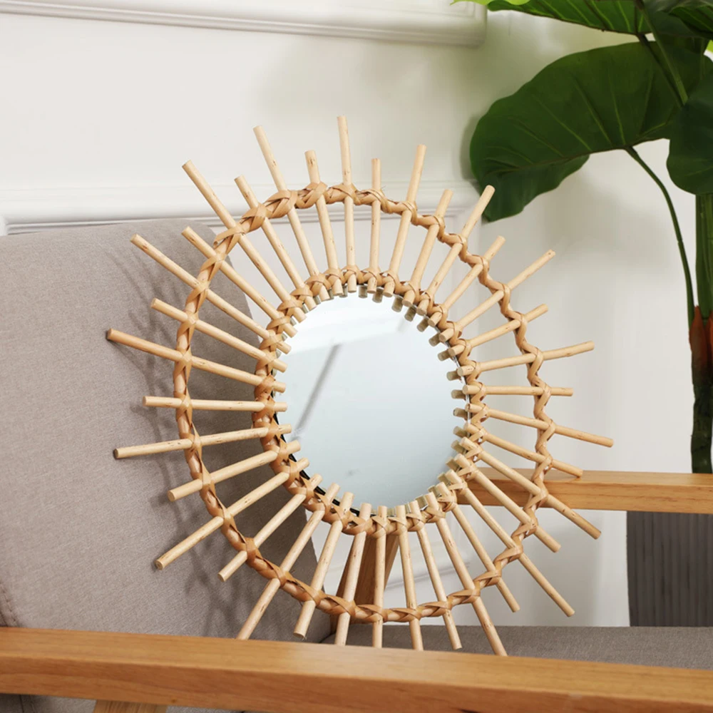 

Decorative Mirror Rattan Innovative Art Round Makeup Mirror Dressing Bathroom Nordic Wall Hanging Mirror Ornament for Home Decor