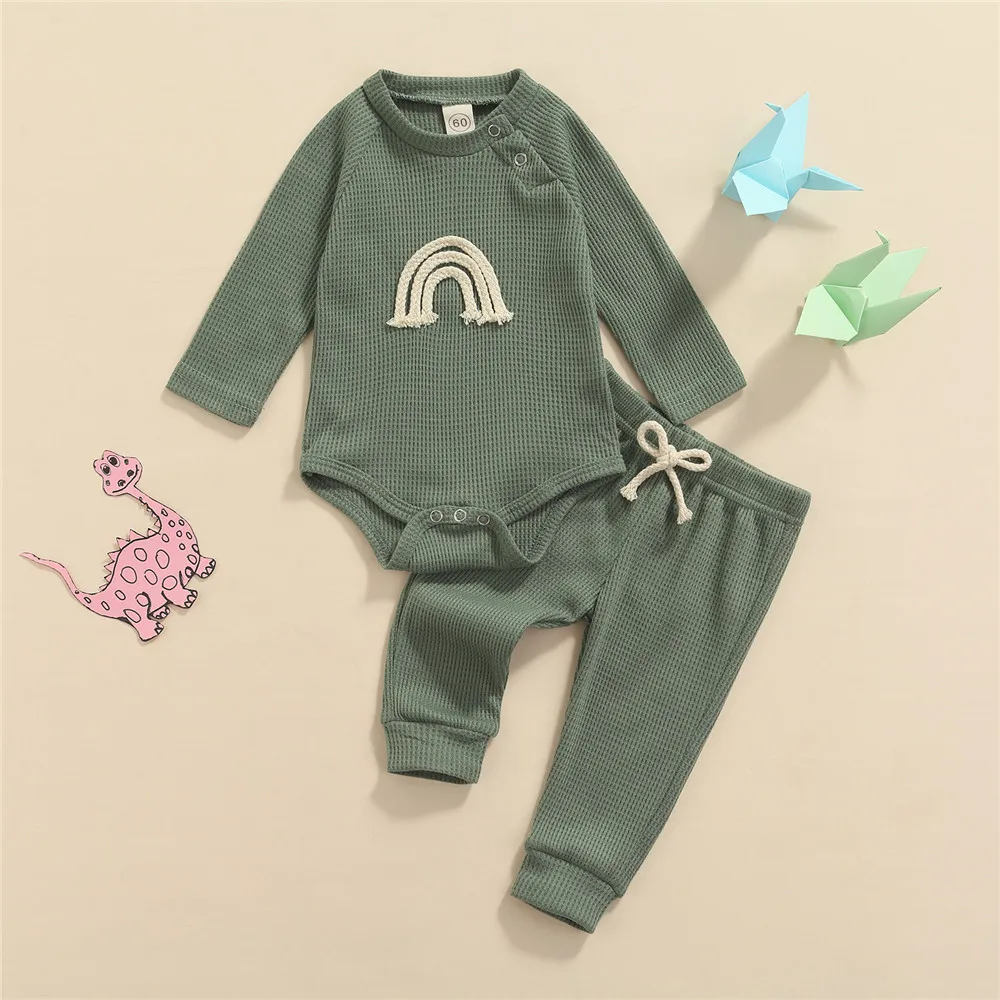 Baby Boy Girls 2Pcs Outfits Toddler Rainbow Print Waffle Knitted Long Sleeve Rompers Pants Newborn Infant Spring Autumn Clothes