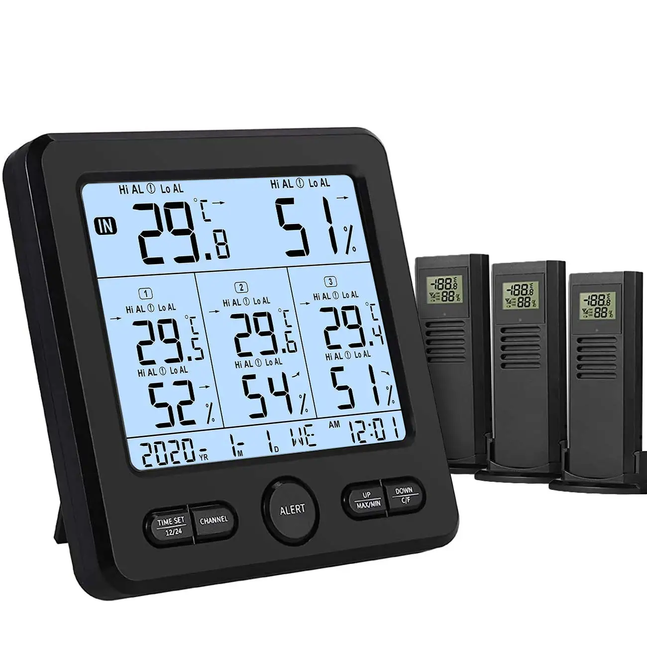 Multifunctional Wireless Thermometer Hygrometer with 3 Remote Sensors, Alert Clock Calendar for Home Office Greenhouse