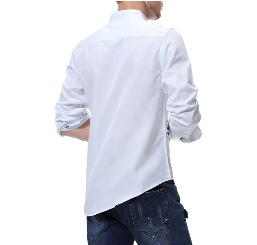 

2021 autumn new Men tide pullover top stand collar long sleeve shirt youth solid color Europe Size British Style Cotton shirts