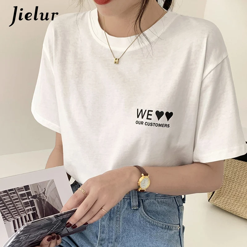 

Jielur с буквенным принтом футболка с коротким рукавом для женщин простой хлопковый свитер с круглым вырезом футболки для женщин Свободный По...