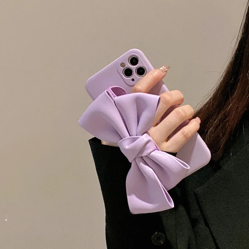 

Leather Bow Wrist Stand Holder Phone Case For iPhone 13 Pro Max 12 11 X XS Max XR 7 8 Plus Korean Fashion Soft Matte Phone Cover