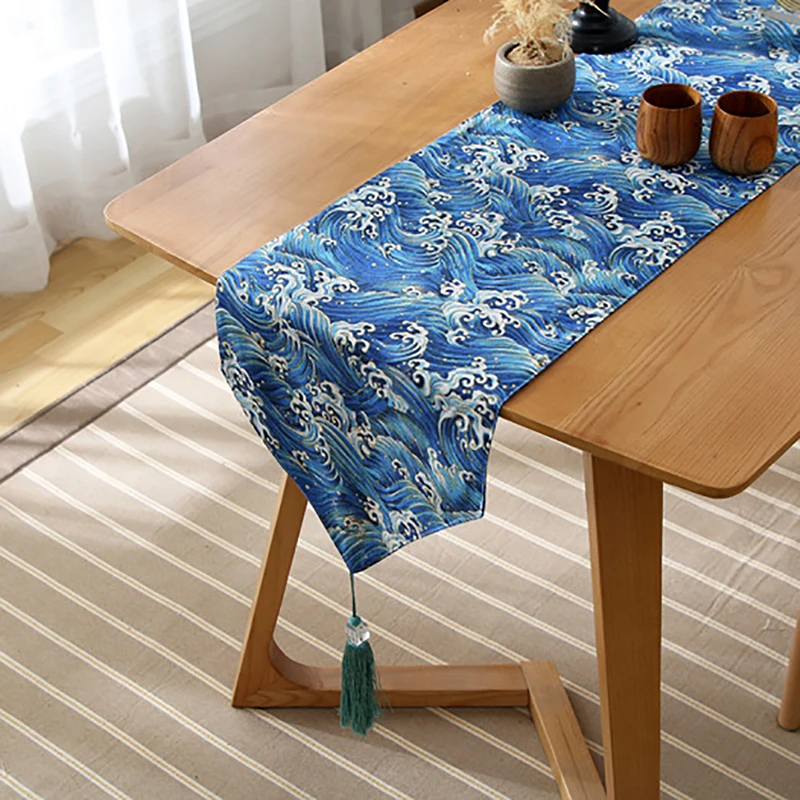 Винтажная настольная дорожка в японском стиле Zephyr морские волны коричневые