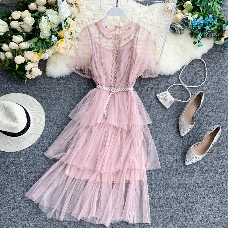 Little fairy design sense dress female summer doll collar beaded short-sleeved layered ruffled cake mesh | Женская одежда