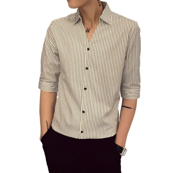 

Fashion Men Striped Shirts 2021 Half Sleeve Streetwear Shirt Slim V-neck Casual Social Party Nightclub Clothing Chemise Homme