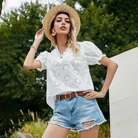 white summer lace t shirts women v neck floral hollow out casual tops short sleeve holiday elegant cottagecore aesthetic clothes