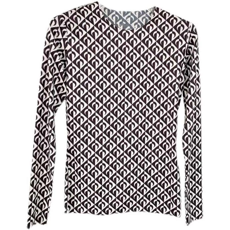 

2021 Women Designer Moon Print T Shirt Women Ice Silk Round Neck Long Sleeves Slim Tops Underwear Clothing T-Shirt