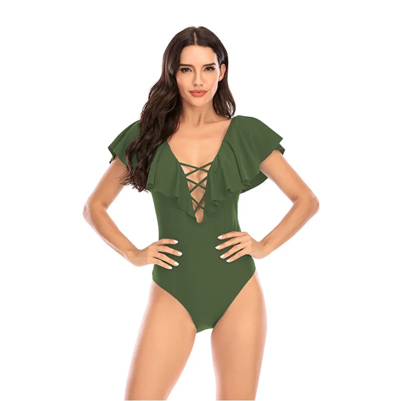

2021 New Women's Solid Color One-piece Bikini Swimsuit. Sexy Lotus Leaf Hollow Triangle Swimsuit .Free shipping