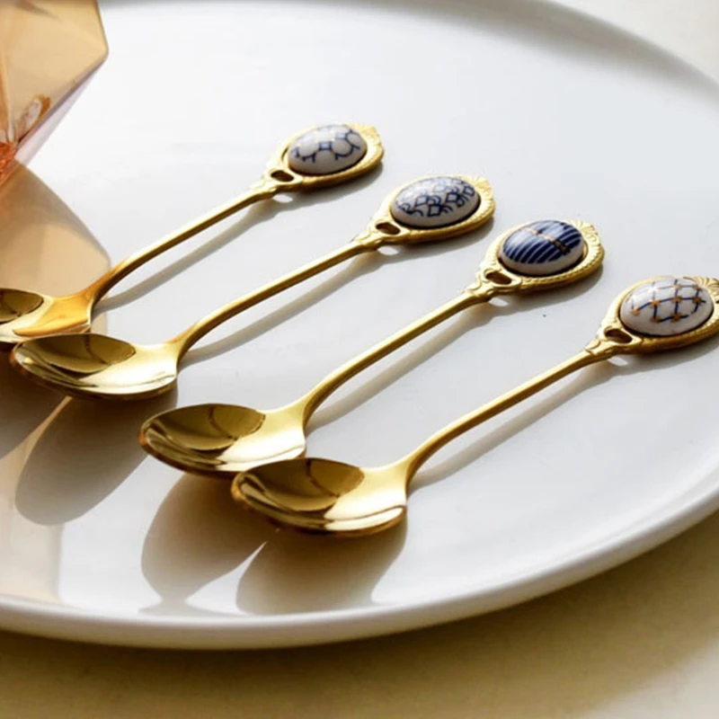 

Gold Plated Stainless Steel Retro Style Stirring Mixing Sugar Stir Ice Cream Cake Teaspoon Multifunction Kitchen Gift