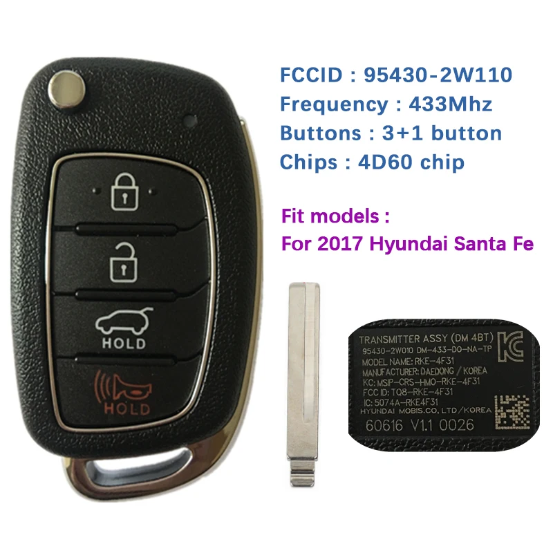 

CN020042 PCB Board Original Stock For 4 Button 2017 Hyundai Santa Fe Keyless Entry Remote Flip Key 433MHZ 4D60 TQ8-RKE-4F31