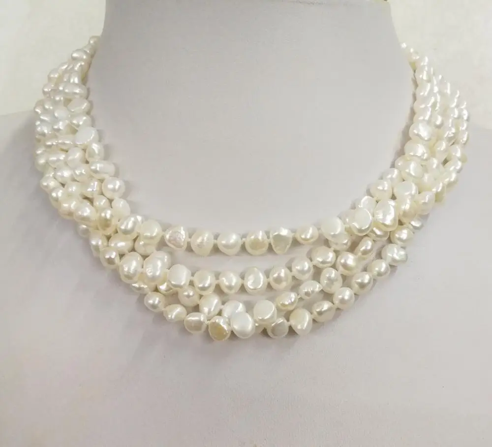 

4 strands 7mm bright white baroque flat real pearl 4 rows necklace natural freshwater pearl Woman Jewelry 43cm 17'' 14'' 35cm