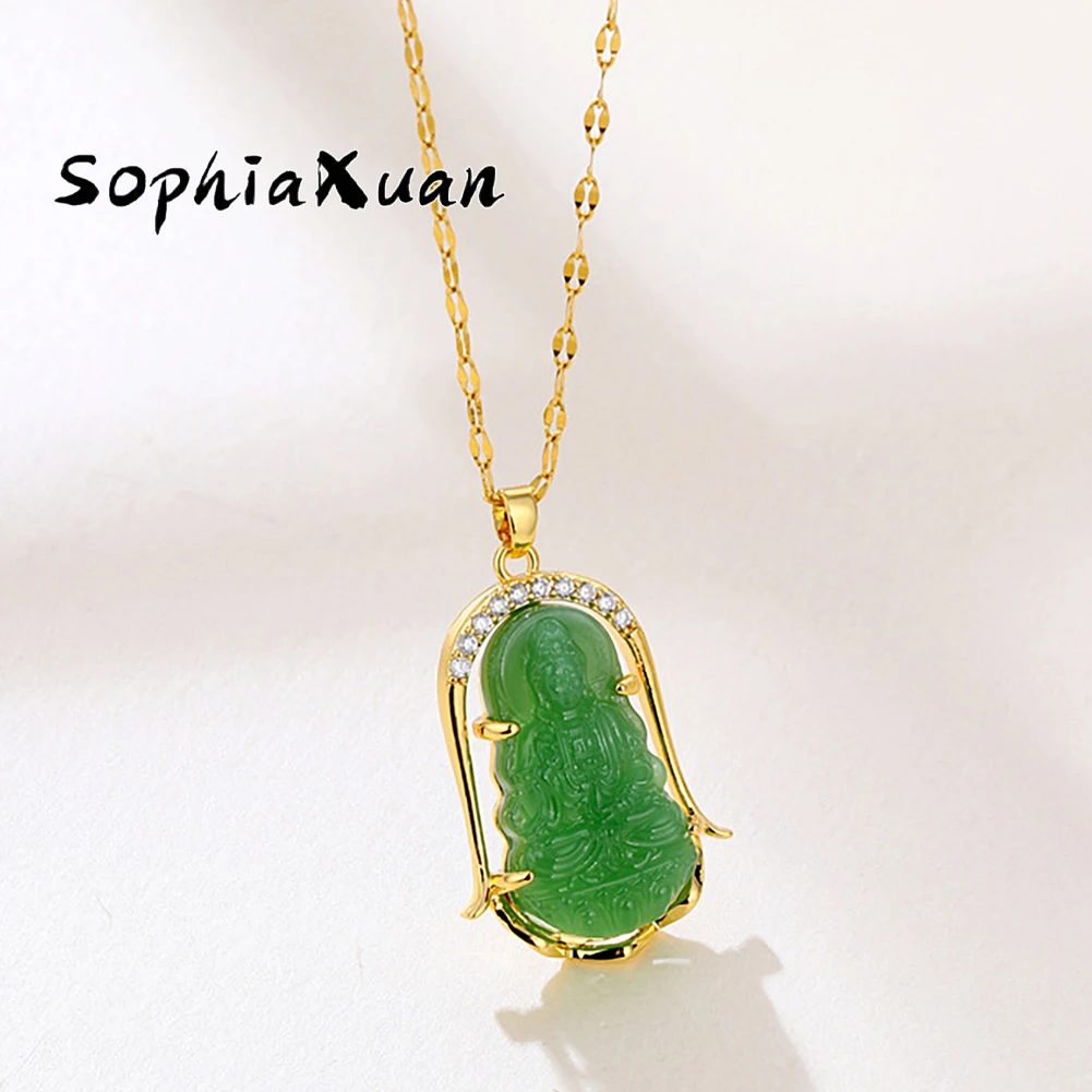 

SophiaXuan Bodhisattva Pendant Necklaces Women's Neck Chain Stone Pendant Patron Saint Jade Necklace for Women 2021 Praying