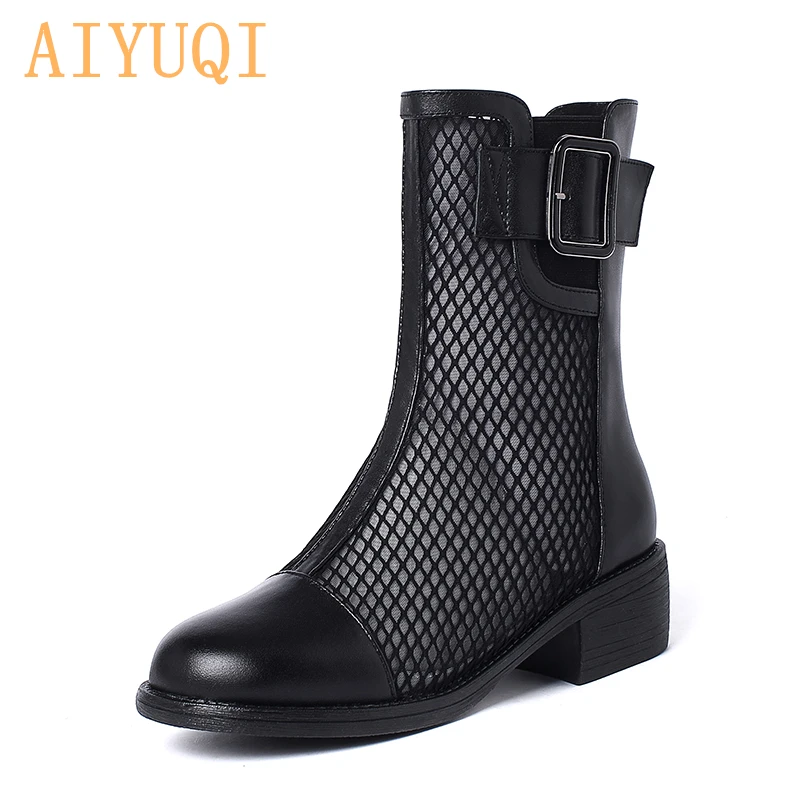 

AIYUQI Women Spring Boots 2021 New Genuine Leather Shoes Women Mesh Comfortable Breathable Ladies Lace Summer Boots