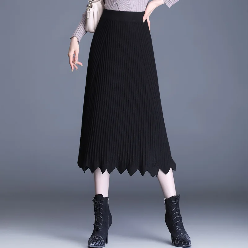 

Autumn Winter Women High Waist A-line Knitted Black Skirt Office Lady Elegant Chic Loose Casual Mid-long Knitting Skirts