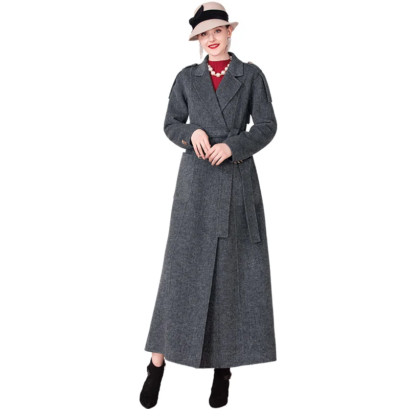 

European Style Wool Coat Winter Turn Down Collar Cashmere Long Coat Slim Waist Long Sleeve Grey Outwear with Belt DZ2186