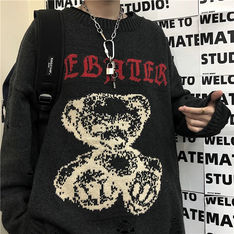 

Autumn Clothing Harajuku Cartoon Bear Knitted Sweater Loose Hole Full-Sleeve Knitted Pullover 2021 Streetwear Women'S Sweater
