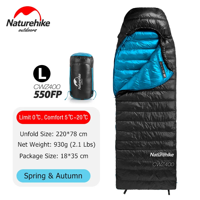 Naturehike CW400 Сверхлегкий 4 сезона квадратный гусиный пух альпинистский спальный мешок для холодной погоды водонепроницаемый спальный мешок для кемпинга - Цвет: 550FP - Black - L