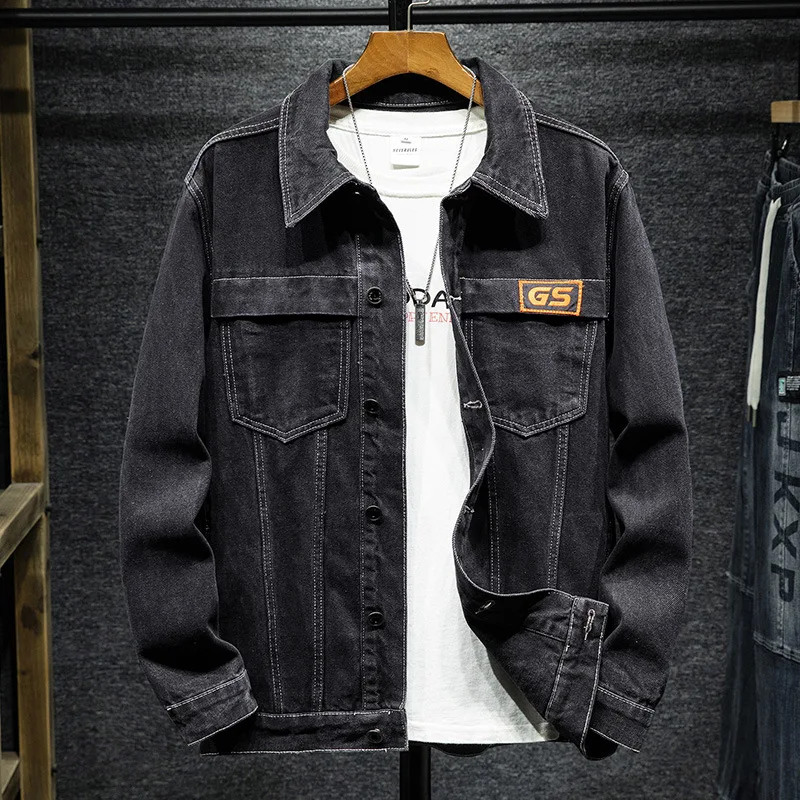 

Джинсовая куртка мужская однотонная, повседневная однобортная джинсовая куртка с лацканами, приталенный силуэт, Качественные жакеты из де...
