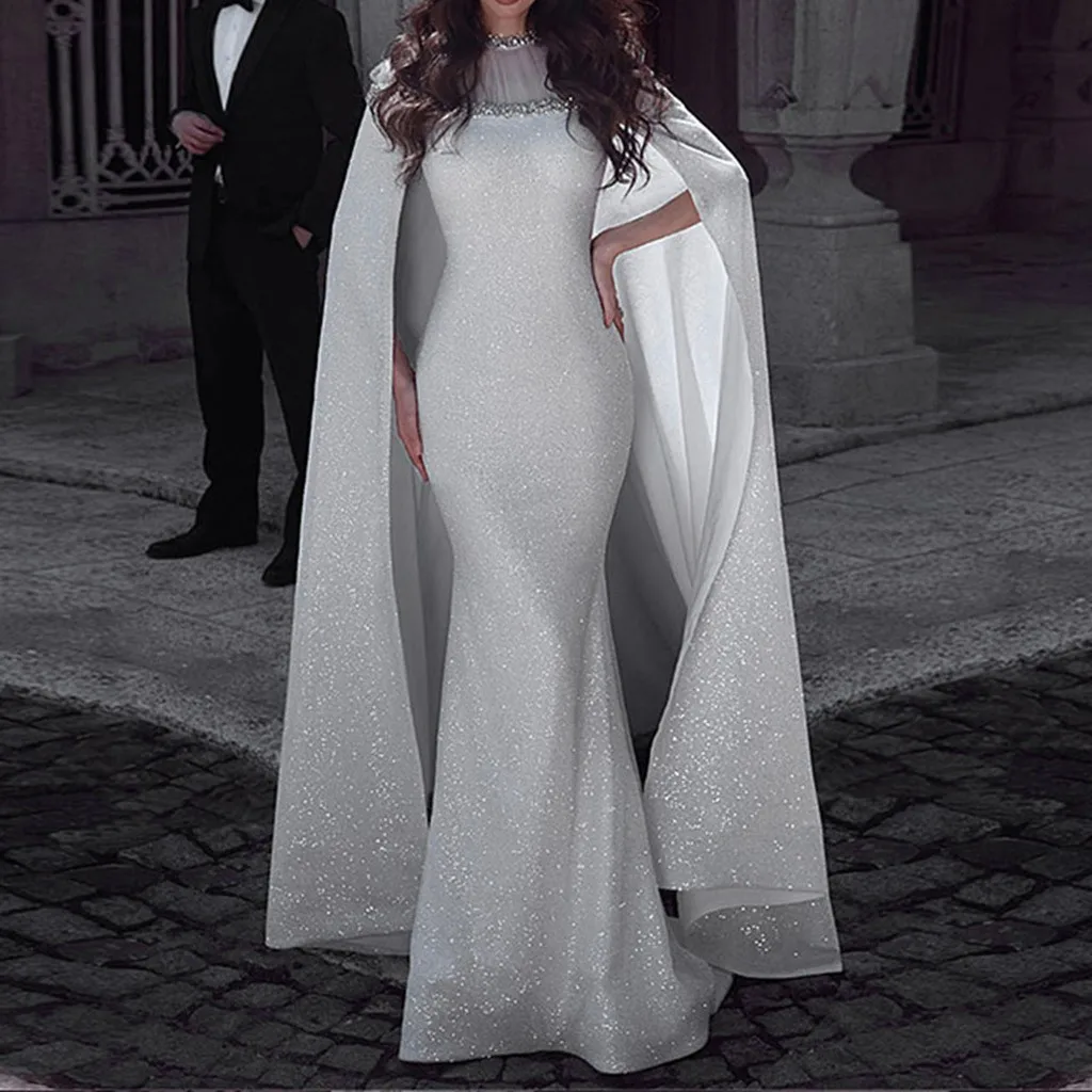 Серебристая накидка платье с рукавом женские вечерние платья большая шаль подол