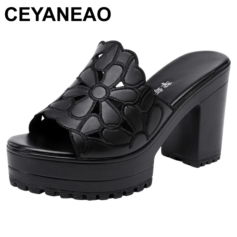 

CEYANEAO Summer Cool Slippers Women Sandals High Heel Platform Peep Toe Fashion Wear Large Block Heel Black Sandals