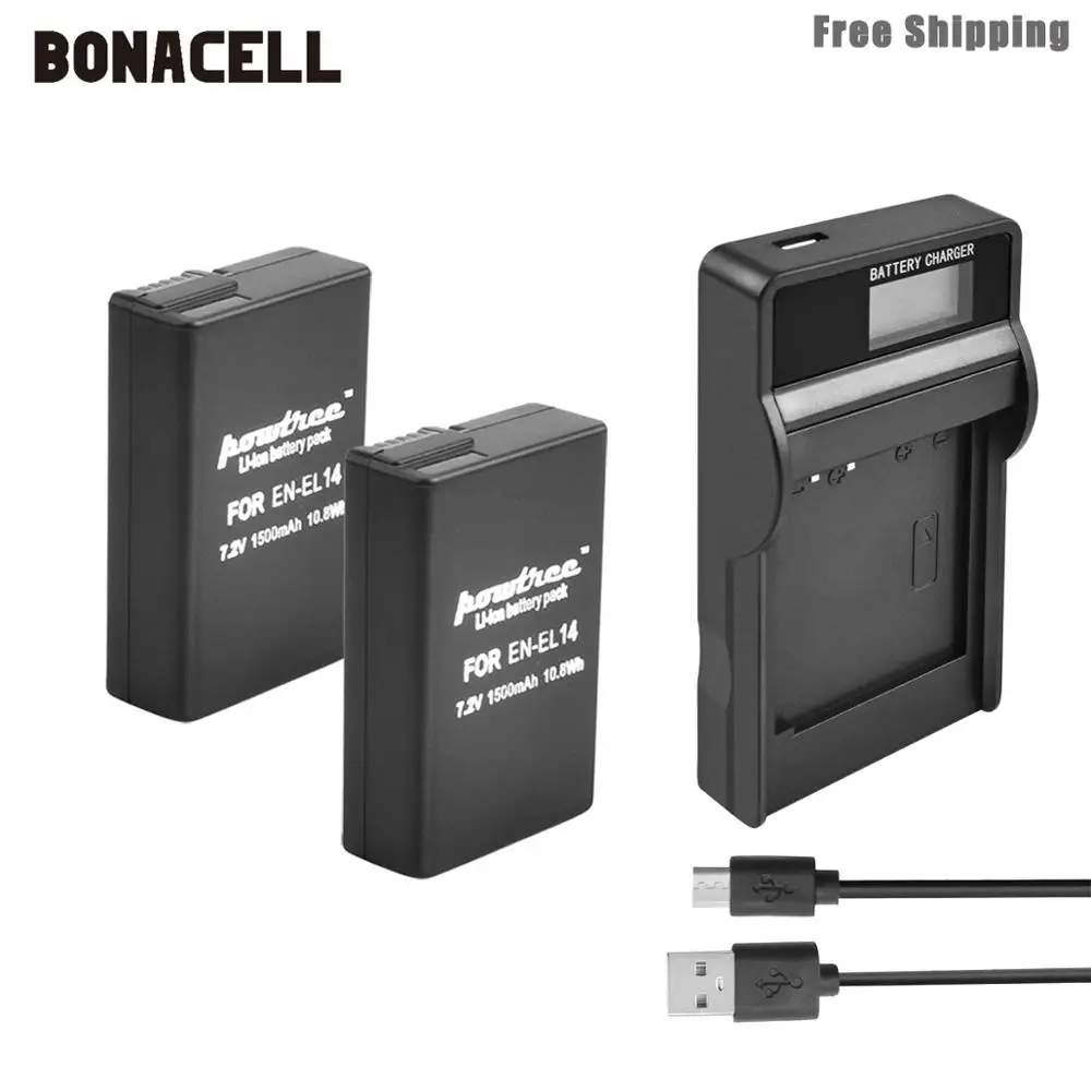 Bonacell 1500 мАч EN-EL14 EN-EL14a ENEL14 EL14 батарея+ ЖК-зарядное устройство для Nikon P7800, P7700, P7100, P7000, D5500, D5300, D5200, D3200 L50 - Цвет: 2XBattery LCDCharger