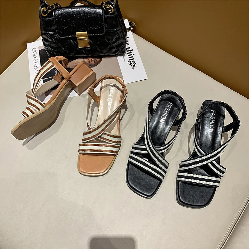 

Mid Heel Sandals Women Square Toe Elastic Band Summer Shoes Woman 2021 New Fashion Womens Brown Beach Sandal Casual Home Shoe
