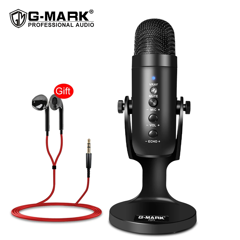 

Condenser Microphone G-MARK POP4 USB Tabletop Mic ASMR Echo Real-Time Monitoring Cardioid For Studio Recording YouTube Live