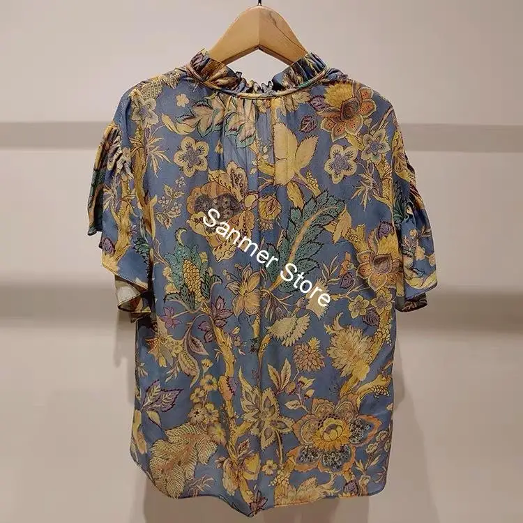 

Women Tassel Lace-up Shirt Printing Ruffles Loose Short Sleeve Lady Blouse Female Top New