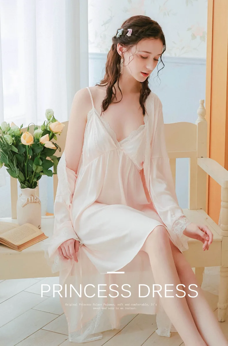 

Biiggxx Long Sleeve Nightgown Suit Women Spring Sling Nightdress Imitation Silk Ice Silk Free Shipping Bridesmaid Gift