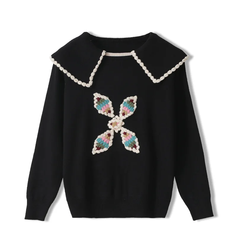 

Flowers Embroidery Cute Sweet High Quality Runway Autumn Women Sweaters Doll Collar Pullover Loose Knit Luxuty Oversize Slim Top