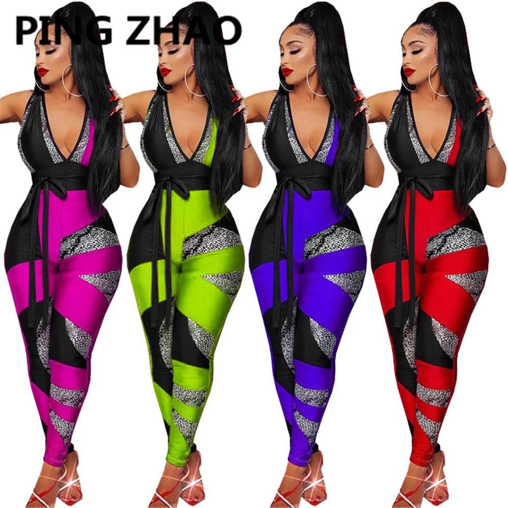

PING ZHAO Women Jumpsuit Print Sleeveless V-neck High Waist Sheath Elastic Jumpsuits Office Lady Sexy Outfit Romper