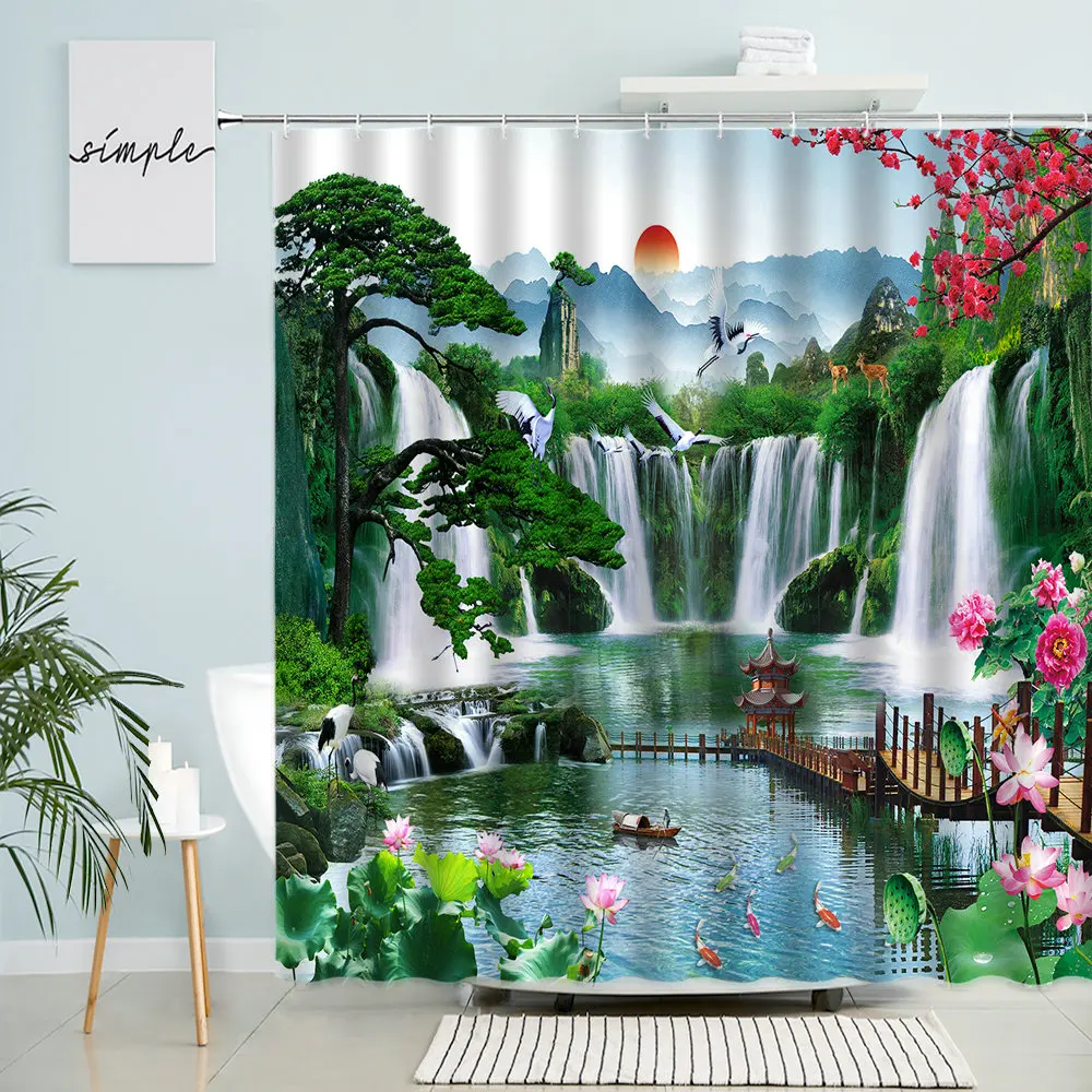 

Chinese Landscape Shower Curtain Forest Park Waterfall Lake Lotus Flower Spring Nature Bathroom Decor With Hook Polyester Screen