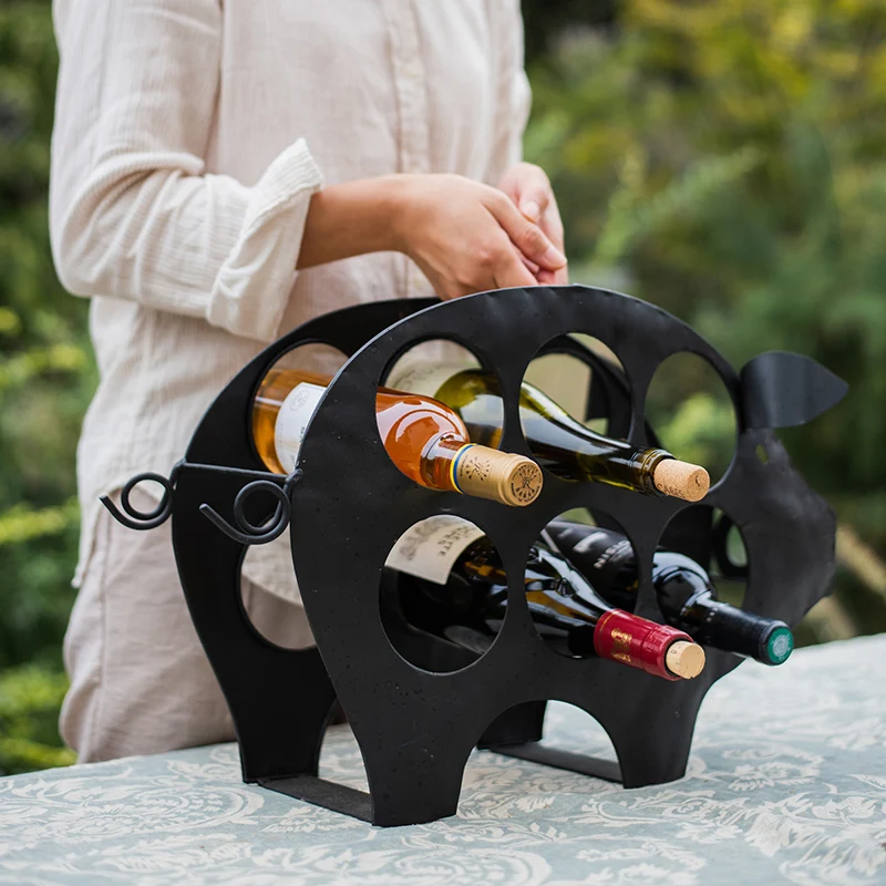 

Black Pig Shape Iron Wine Shelf Personality American Street Style Ornament Home Creative Wine Cabinet Decoration Animal Figures