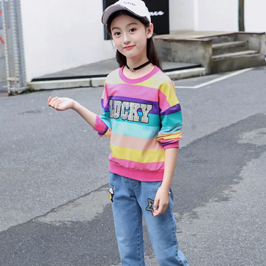 Одежда для подростков девочек свитер в полоску с изображением героев из