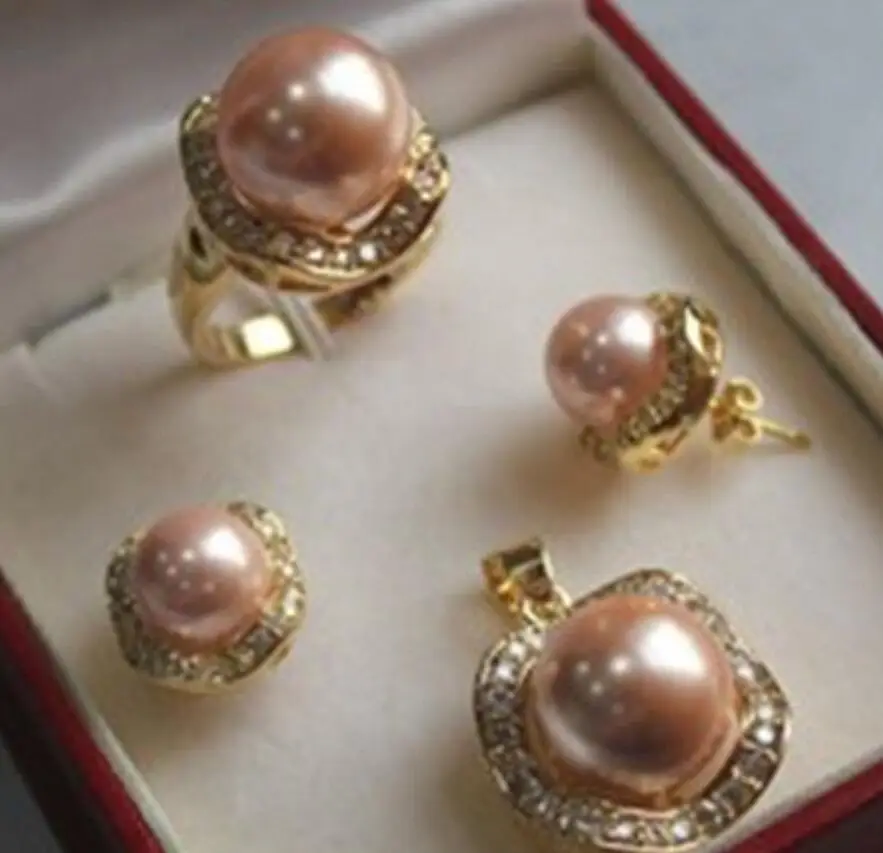 

hot sell new - 1 set 10 mm &14mm pink sea shell pearl mother of pearl pendant earring ring NEW NEW