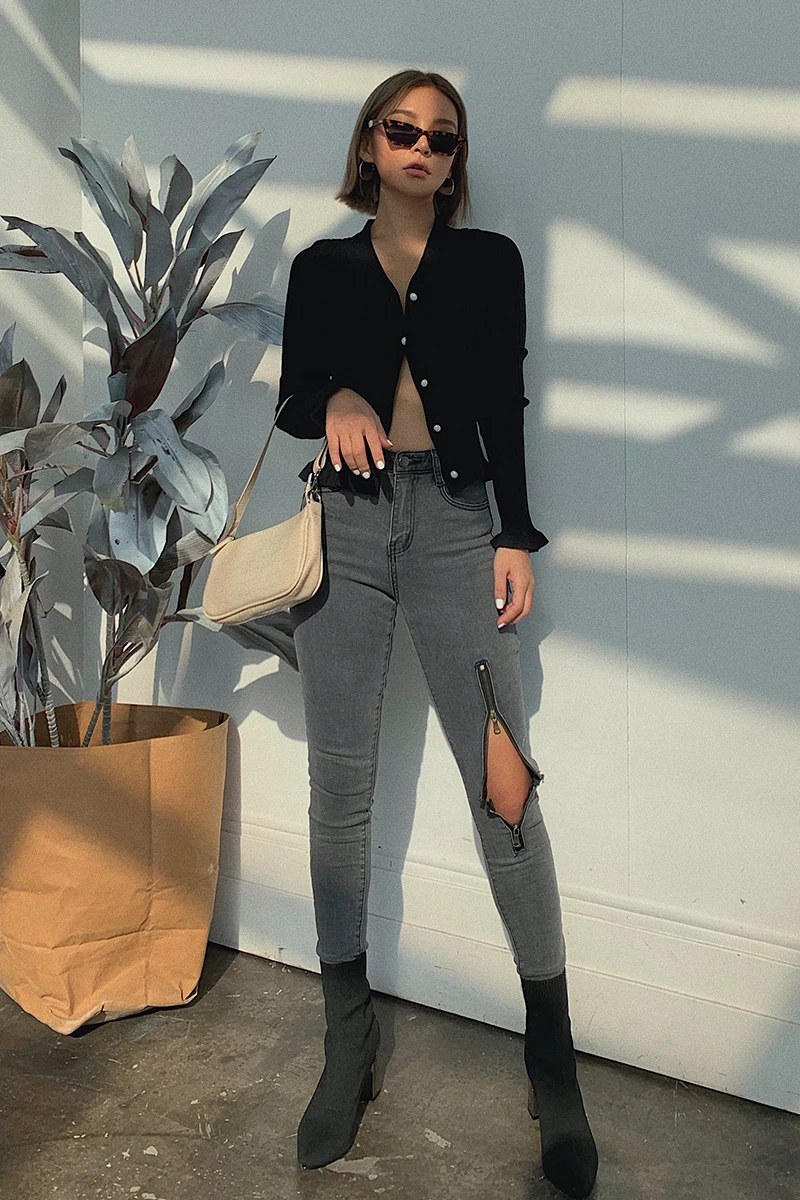 Новинка 2019 модная женская одежда джинсы на молнии облегающие колготки брюки