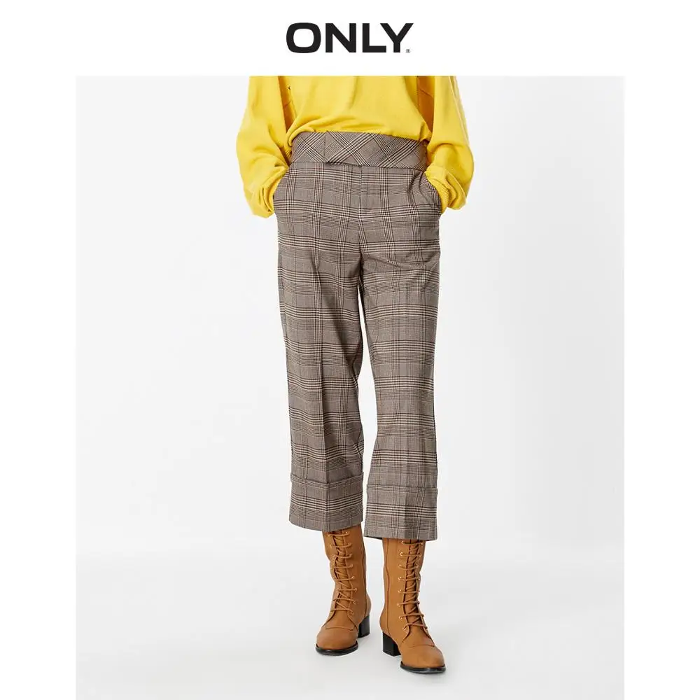 

ONLY Women's Loose Straight Fit High-rise Checked Crop Pants | 119350520