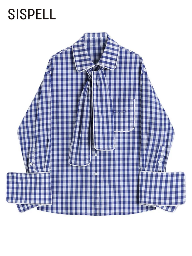 

Женская блузка с отложным воротником SISPELL, рубашка в мелкую клетку с длинным рукавом, Лоскутная Блузка с поясом и пуговицами, корейская модн...
