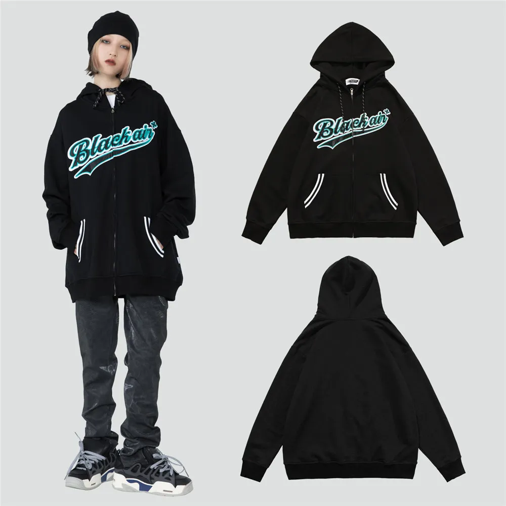 

Hoodie with Zipper for Men Women Embroidery Letters Hooded Sweatshirt Streetwear Hip Hop Harajuku Pullover Clothing with Pockets