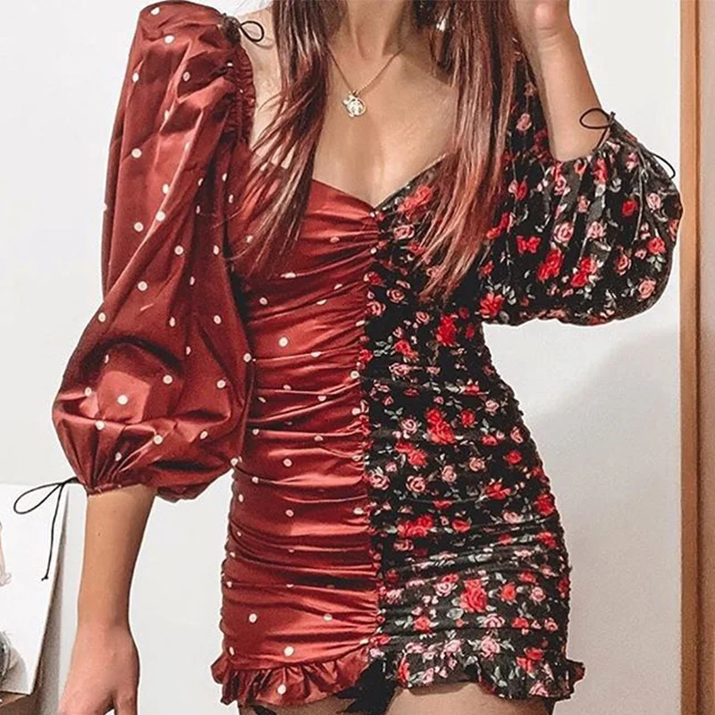 Yojoceli платье в стиле пэчворк с цветочным принтом женское пляжное бохо мини рюшами