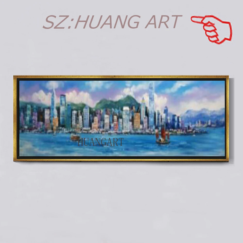 

Hand-painted abstract painting oil painting Hong Kong architecture seascape canvas wall art painting living room home decoration