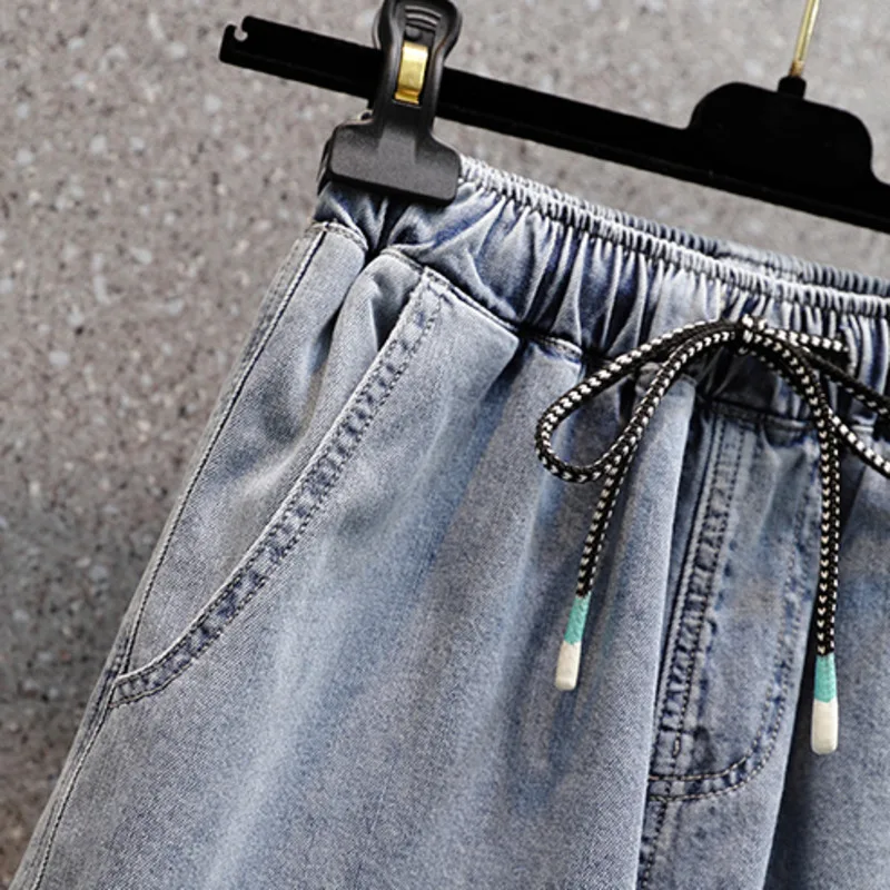 

Nkandby Plus Size Wide Leg Denim Shorts Women Summer Casual Loose Drawstring Elastic Waist Light Blue Knee Length Pants Jeans