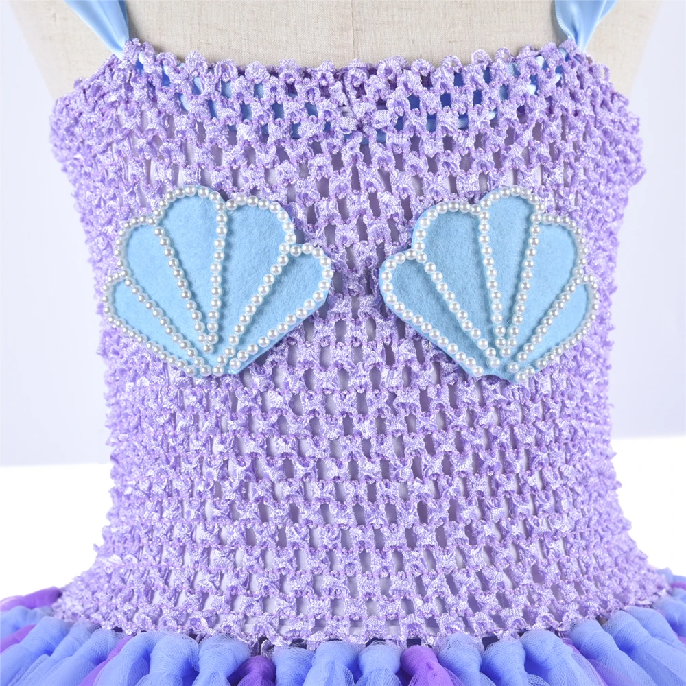 Mermaid Princess Tutu Dress with Headband Blue Purple Under The Sea Shell Tulle Girl Birthday Party Kids Halloween Costume | Детская